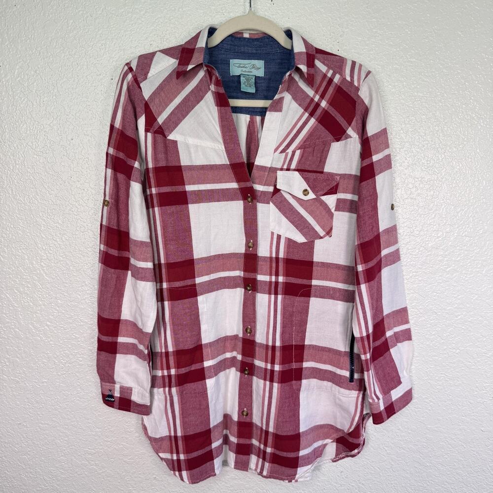 Tasha Polizzi Shirt Women Small Plaid Button Up Tunic Top Red Cotton Roll Sleeve